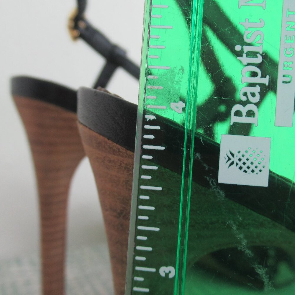 TORY BURCH, ALEXA Genuine Leather Peep Toe High Heel Sandal Black & Tan Sz. 6.5 - Picture 10 of 13